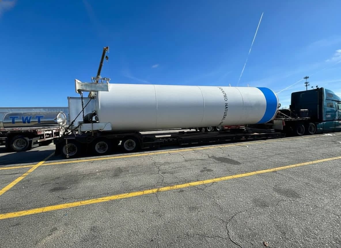 LNG tank being transported on specialized heavy-haul trailer